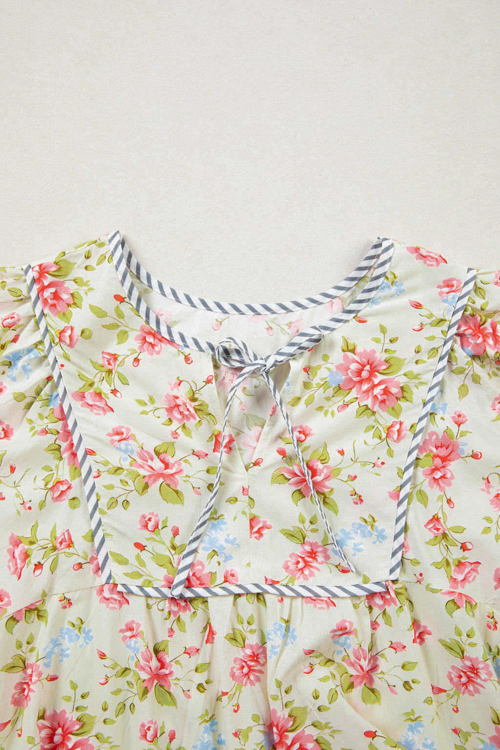 Apricot Striped Edge 3/4 Puff Sleeve Floral Dress