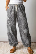 Khaki Leopard Print Star Patched Drawstring Elastic Waist Jogger Pants