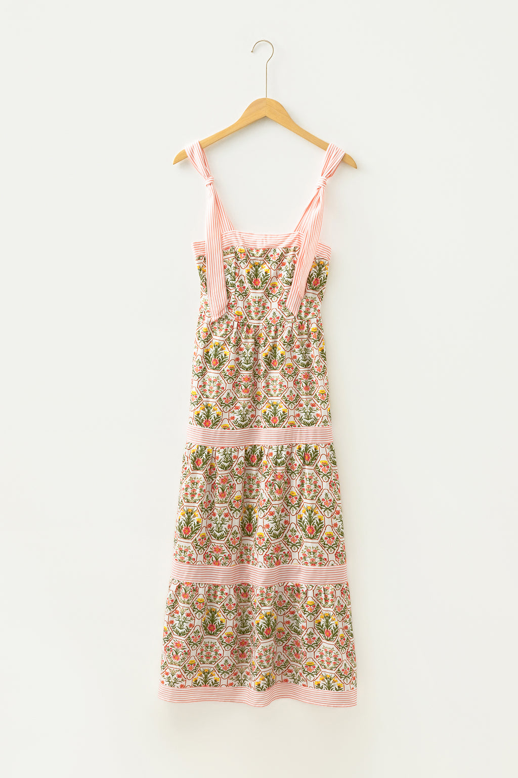 Green Geometric Floral Print Striped Patchwork Detail Sleeveless Dress（Runs Small ）
