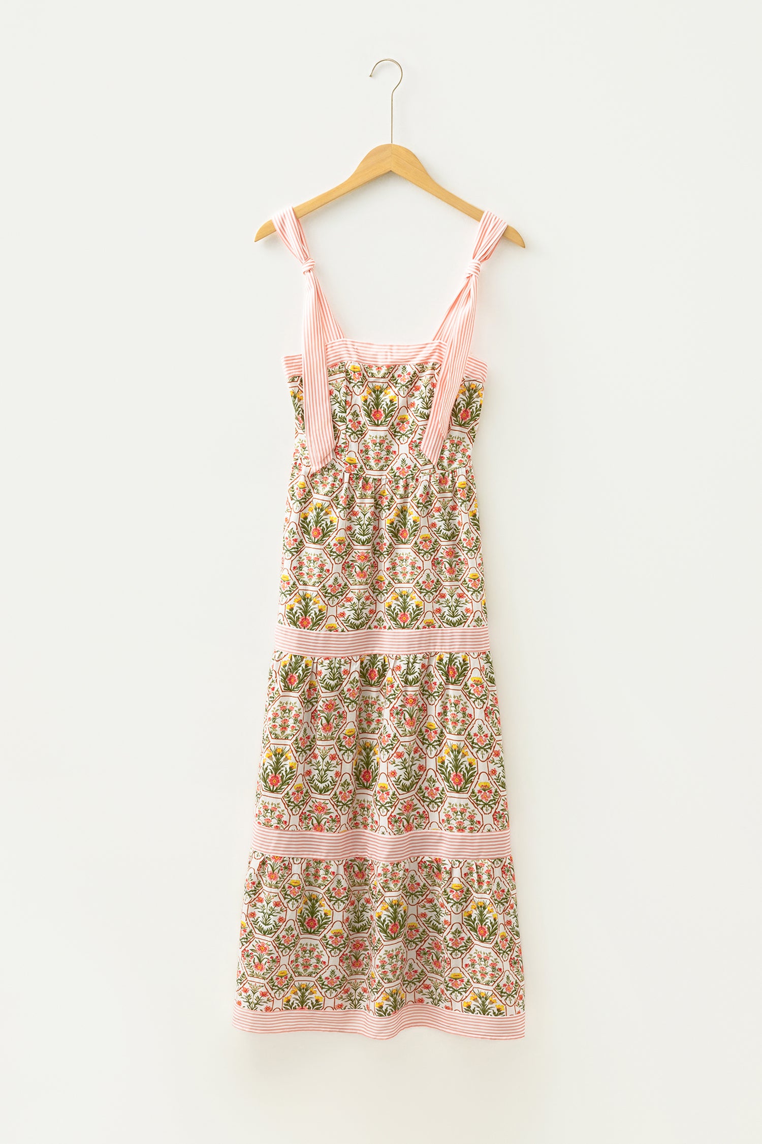 Green Geometric Floral Print Striped Patchwork Detail Sleeveless Dress（Runs Small ）