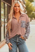 Dark Khaki Leopard Patched Twisted Ribbed Western Casual Shacket
