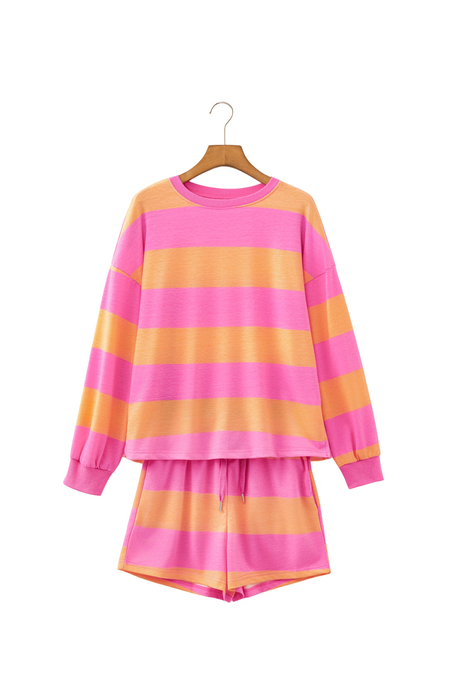 Pink Stripe Long Sleeve Casual Top Drawstring Shorts 2pcs Set