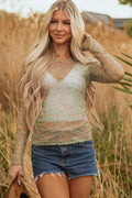 Laurel Green Vintage Floral Print Southern Style Mesh Long Sleeve Top