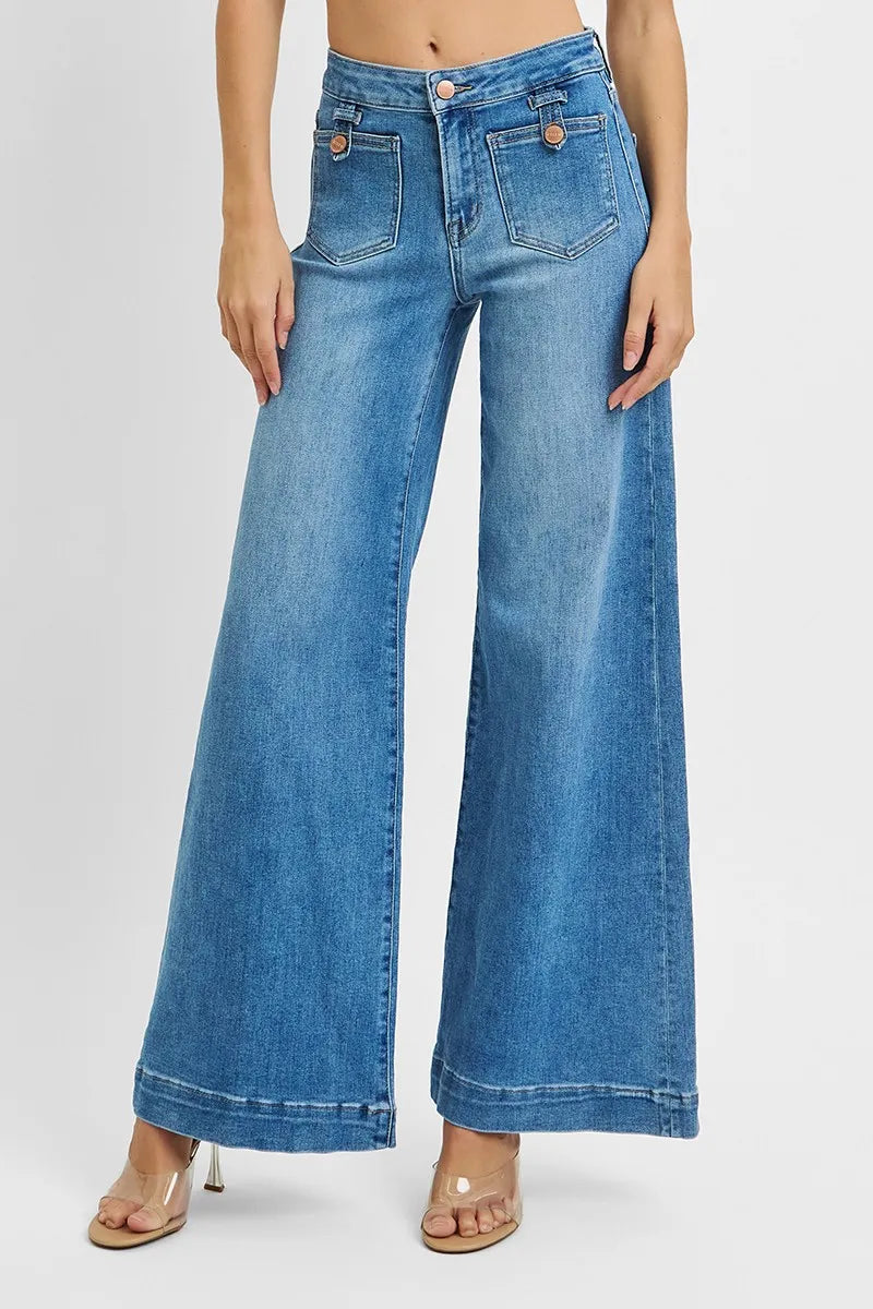 RISEN Mid Rise Wide Front Patch Pocket Denim Jeans