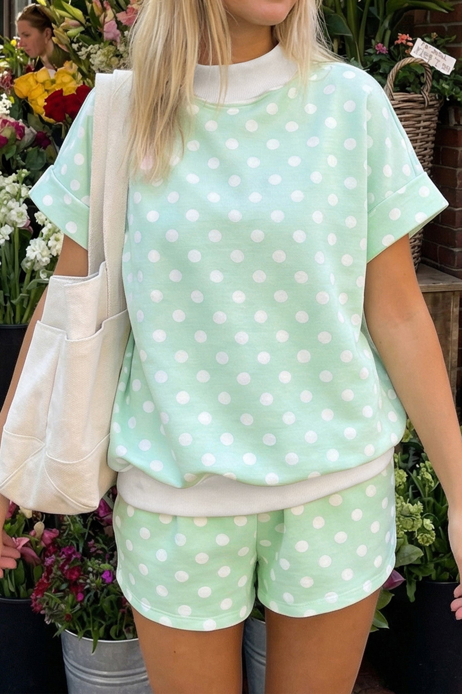 Pink Polka Dot Print Color Block Trim Mock Neck Short Set