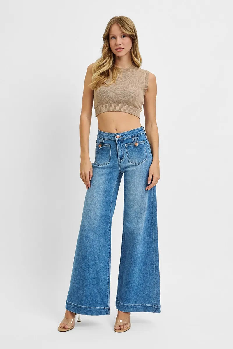RISEN Mid Rise Wide Front Patch Pocket Denim Jeans