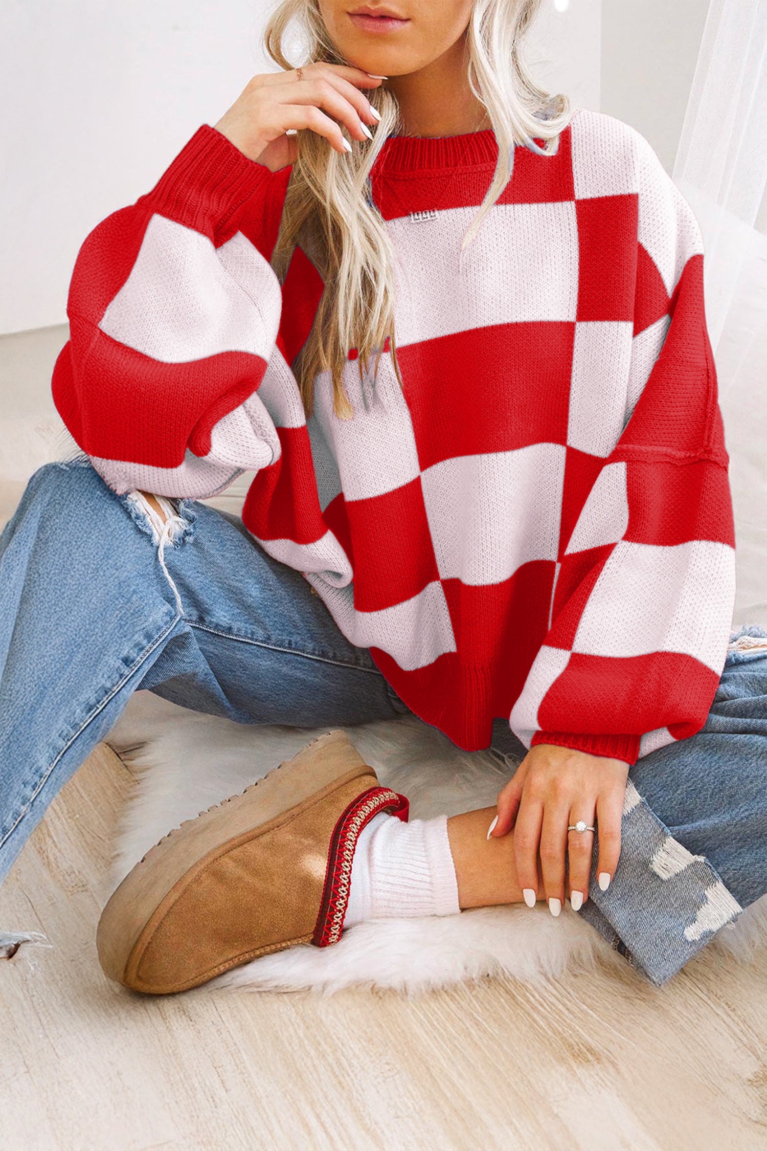 Green Checkered Bishop Sleeve Sweater