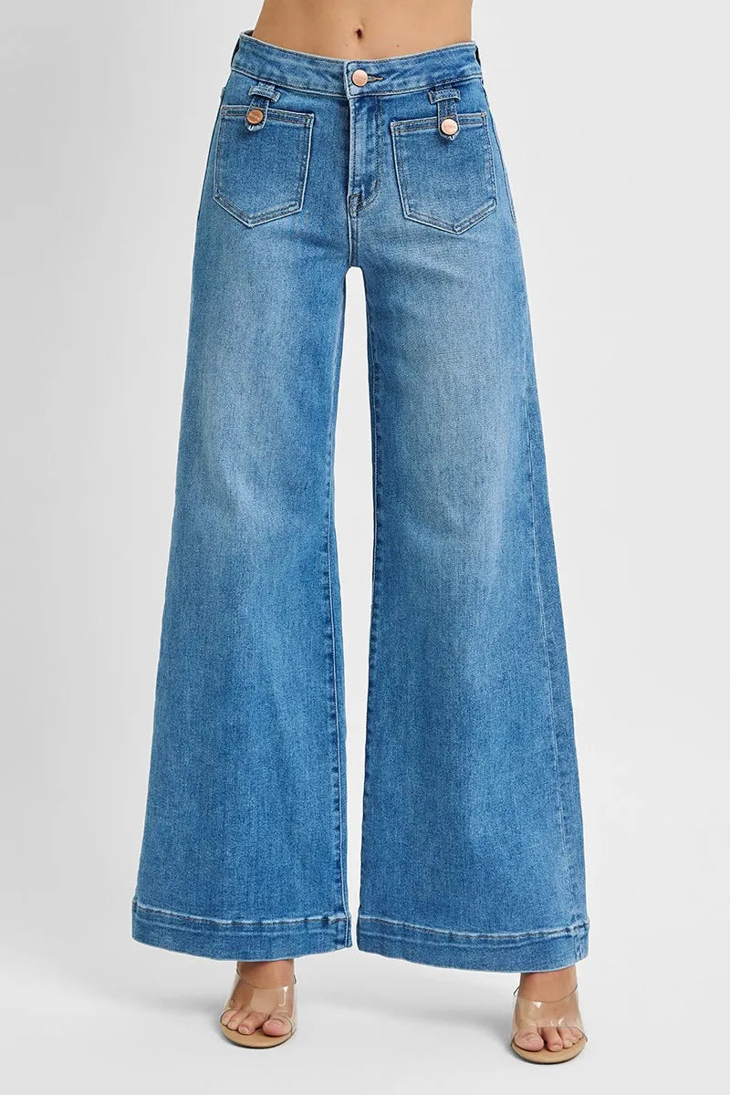 RISEN Mid Rise Wide Front Patch Pocket Denim Jeans